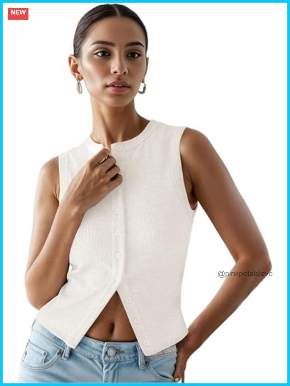 Ribbed Button Down Tank Top Sleeveless Crop Slim Fit Going Out Top